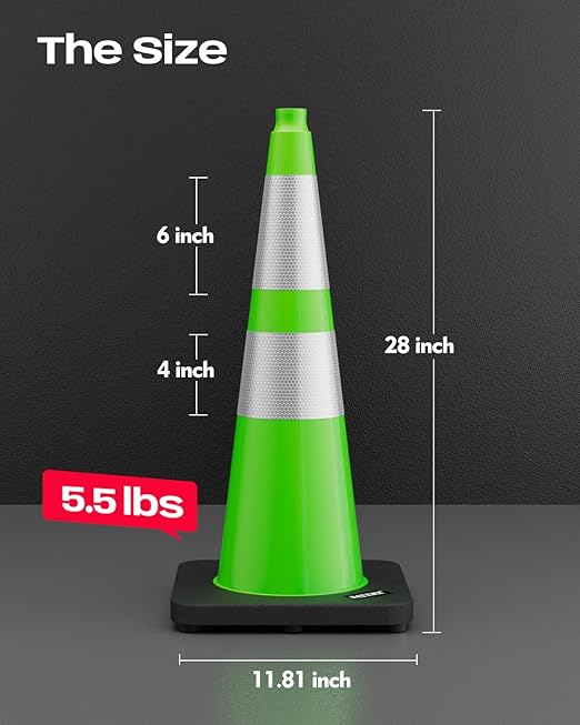 BATTIFE 28 Inch Traffic Cones with Black Weighted Base, PVC Green Safety Cones for Traffic Control, Construction Events, Driveways, and Parking Lots (6 Pack)