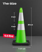BATTIFE 28 Inch Traffic Cones with Black Weighted Base, PVC Green Safety Cones for Traffic Control, Construction Events, Driveways, and Parking Lots (6 Pack)