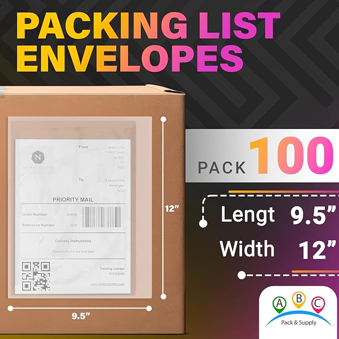 ABC Packing List Envelopes, 9.5 x 12 Inch. 100 Pack 2 Mil Polyethylene Clear Self Adhesive Shipping Label Sleeves. Plastic Shipping Label Pouches for Invoice and Efficient Order Management