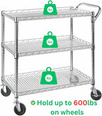 Heavy Duty 3 Tier Rolling Utility Kitchen Cart on Wheels,Large 45"L x 17 1/2"D x 45"H Metal Serving Cart Commercial Grade with Wire Shelving and Handle Bar for Office School Church Kitchen Hardware