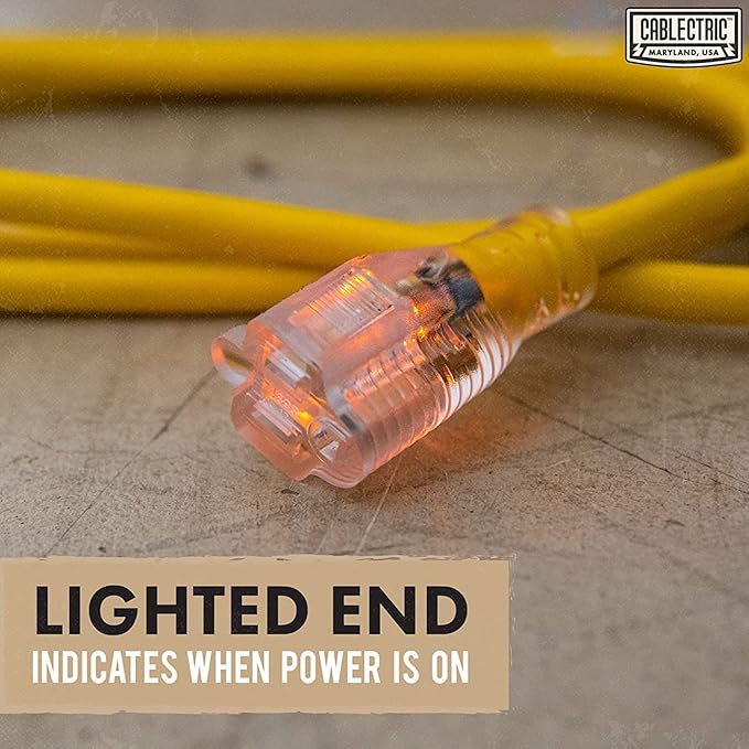 12 Gauge Outdoor Extension Cord 75 ft, 12/3 Heavy Duty Extension Cord 3 Prong Lighted End 75 Foot, SJTW Weatherproof Industrial Electrical Cable for Major Appliances, Proudly American Brand