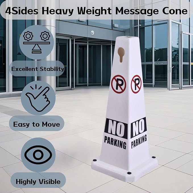 26.5" Caution Cones, 4-Sided Visible Safety Signs with Heavy Rubber Base, Warning for Slip & Fall Prevention, Indoor/Outdoor Use (8, No Parking-White, 26.5 inch)