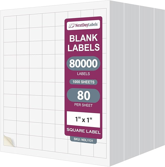 NextDayLabels – 1" x 1" Square Sticker Labels for Printer - White Laser/Inkjet Printer Labels Return Address Labels Shipping Label Stickers (1000 Sheets, 80 Per Sheet, 80000 Labels)