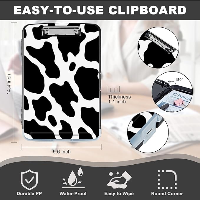 Clipboard with Storage,Storage Clipboard with Pen Holder,Heavy Duty Plastic Storage Clipboard with Low Profile Clip, Clipboard Folder, Teacher Must Haves, Office Supplies,Cute Cow