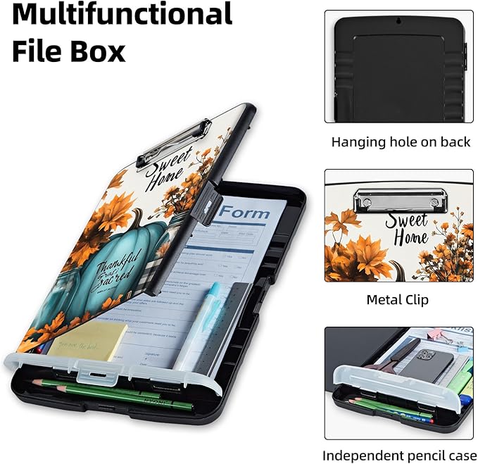 Clipboard with Storage Box & Pen Holder,Heavy Duty Clip Boards 8.5x11 for Nursing,High Capacity,School & Office Supplies,Fall Pumpkins