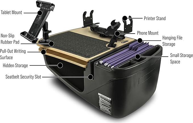 AutoExec AE-GMCD-PM-PS-TAB-11M GripMaster Car Desk for Your Vehicle Workstation and Mobile Office, Natural with Phone Mount, Printer Stand and Tablet Mount