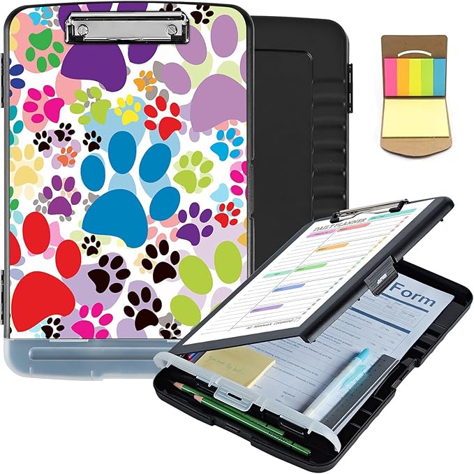 Clipboard with Storage,Clip Boards 8.5X11 with Storage & Pen Holder,Heavy Duty Plastic Nursing Clipboards Foldable,Coaches Clipboard Folder Case,School Office Supplies，Dog Pawprint Multicolor