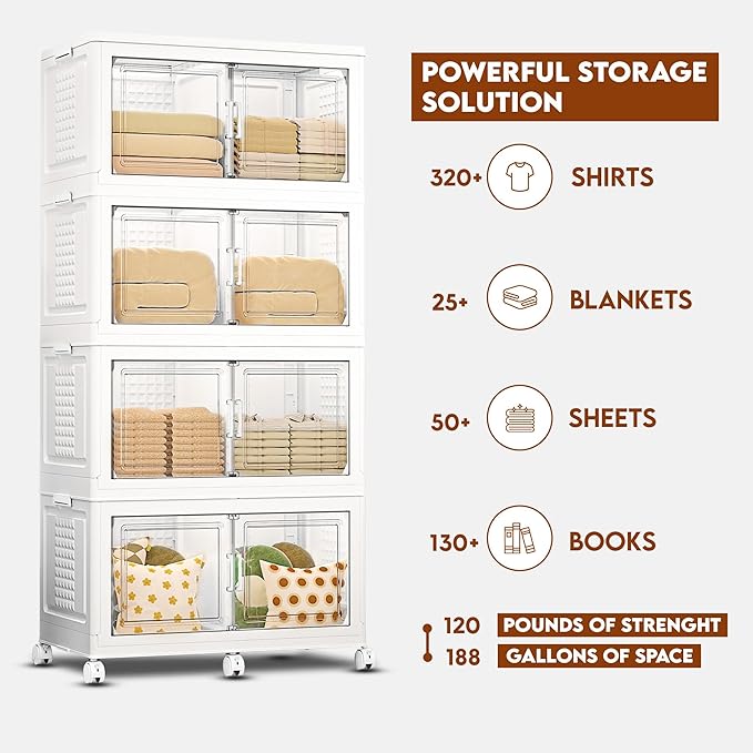 FINCHESCLUB 752QT Extra Large Stackable Storage Bins with Lids, 188Gal Foldable Storage Bins with Doors and Wheels, Collapsible Closet Organizers for Home Office, Christmas Gifts - 4 Pack - White