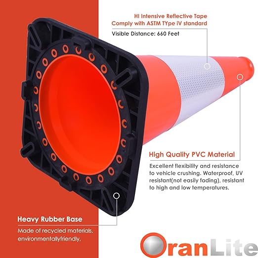 6 Pack 18" Inch Orange PVC Traffic Cones with Heavy-Duty Base, High-Visibility All-Weather Safety Cones for Road Construction, Parking Lot, and Garage Use (6, Orange, 18" Medium)