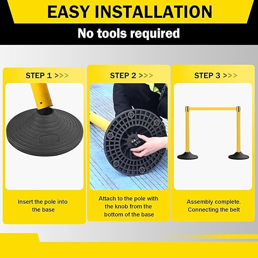 10 ft Crowd Control Stanchion Set, Crowd Control Barrier, Stanchions with Retractable Belts & Base, Retractable Stanchions, Queue Management Stanchion (6 Pole) (Yellow)