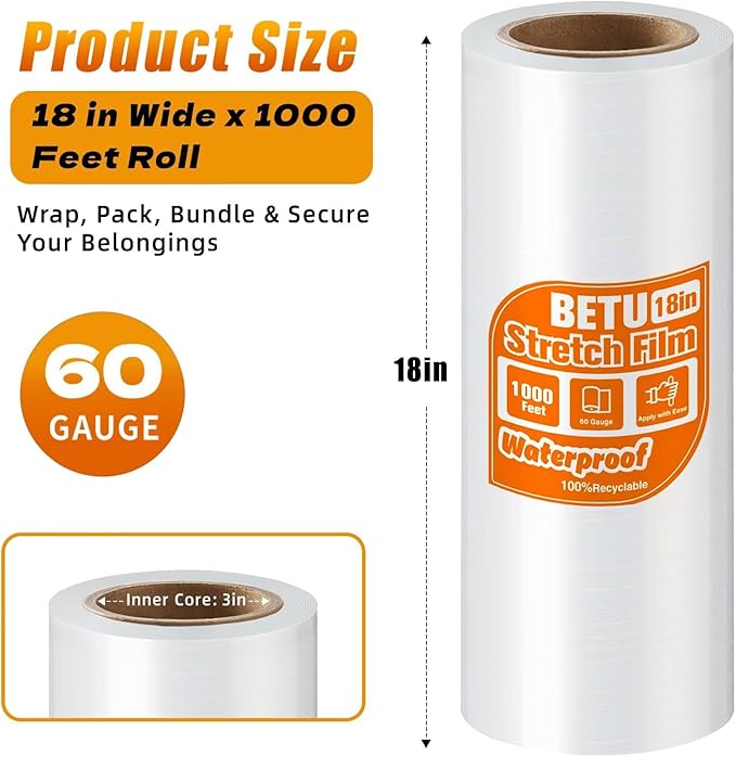 18 inch Stretch Film Shrink Wrap for Moving Supplies, 1 Pack Industrial Strength Stretch Plastic Wrap Roll for Pallet Wrapping Shipping Moving Boxes Storage Furniture,1000ft, Clear