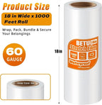 18 inch Stretch Film Shrink Wrap for Moving Supplies, 1 Pack Industrial Strength Stretch Plastic Wrap Roll for Pallet Wrapping Shipping Moving Boxes Storage Furniture,1000ft, Clear