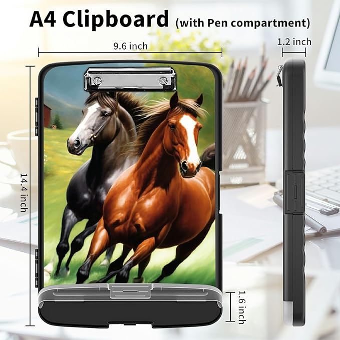 Clipboard with Storage High Capacity Plastic Nursing Clipboards with Pen Holder File Folder Storage Box Clipboard with Heavy Duty Clips for Teacher,Doctor,Offices-Running Horse