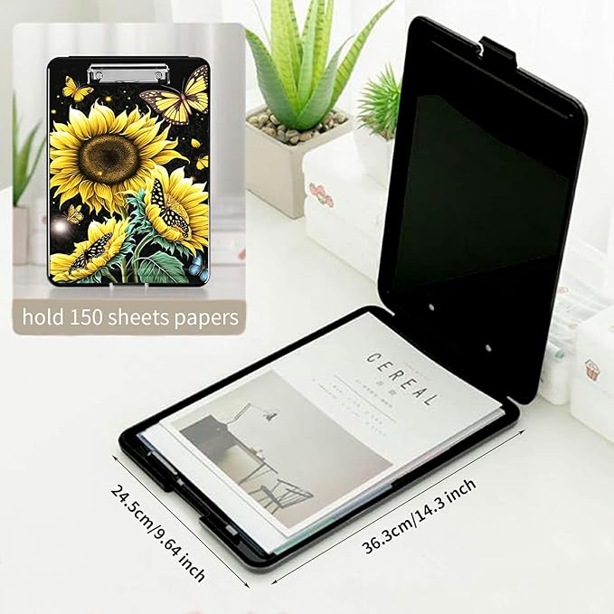 A4 Clipboards,Folder Clipboard with Storage Sunflower Butterfly Heavy Duty Clip Boards Waterproof Nursing Plastic File Folder Storage Box Clipboard Case for Teacher,Doctor,Office