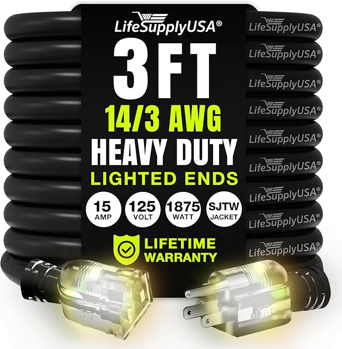 3ft Outdoor/Indoor Extension Cord 14/3 Gauge Heavy Duty 3 Prong SJTW, Waterproof, Flexible Cold-Resistant Long Power Cord,15A 125V 1875W, Black by LifeSupplyUSA