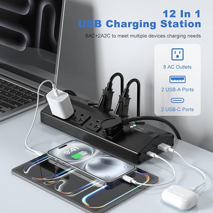 JUNNUJ Heavy Duty Power Strip with 8 Outlets and 4 USB Ports, Metal Wall Mount Surge Protector with 20 Amp 12 Gauge 6 FT Extension Cord for Garage, Industrial, Shop, ETL Listed