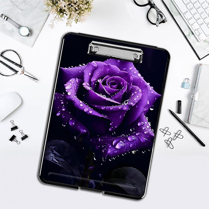 Clipboard with Storage,Office Supplies Nursing Clipboards Folder with Pen Holder Plastic Foldable Clip Board with Storage for Nurse Teacher,Purple Rose