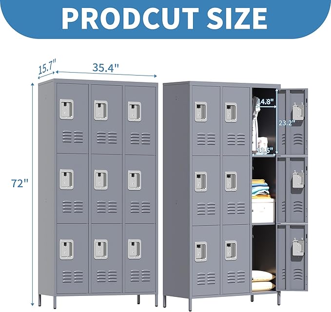 9 Doors Locker Storage Cabinet, Metal Lockers for Office, School, Gym, Home, 72" Tall, Require Assembly (Grey)