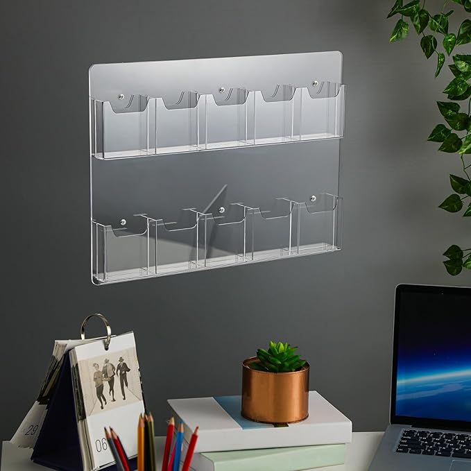Eersida 10 Pockets Acrylic Brochure Pamphlet Holder Brochure Display Stand Business Tri Fold Multi Slot Holder Rack Wall Mount Clear Pocket Space Saver for Flyer Literature Menu Advertise