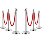 VIVOHOME Stainless Steel Stanchion Post Queue 6PCS Pole w/ 4 Red Velvet Ropes, Crowd Control Barriers w/Fillable Base for High-end Venues, Museums, Party Supplies (6 Pieces, Silver)