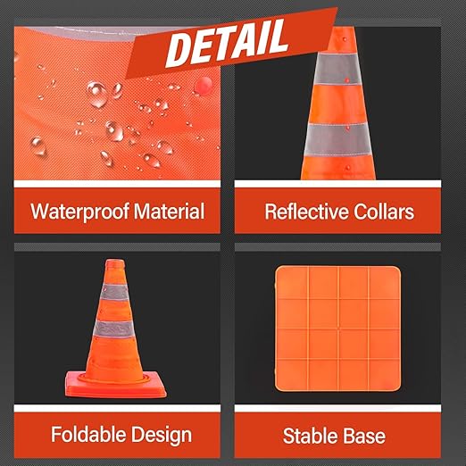 RoadHero 18 Inch 6 Pack Collapsible Traffic Safety Cones, Multi Purpose Pop-up Cones with Reflective Collar for Road Safety, Orange Cones for Driving Training, Parking Lots