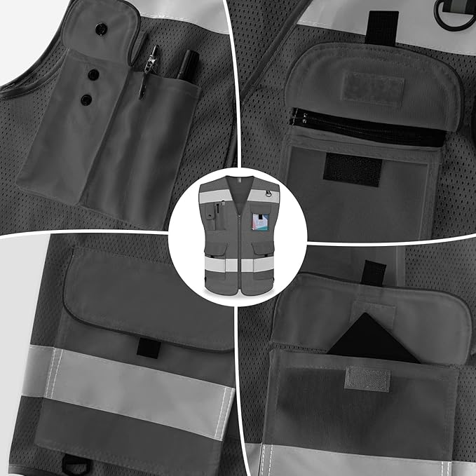 TCCFCCT Mesh Reflective Safety Vest 9 Pockets High Visibility Vest for Men Women, Hi Vis Reflective Work Vest for Safety, Meets ANSI/ISEA Standards, (Grey, XX-Large)