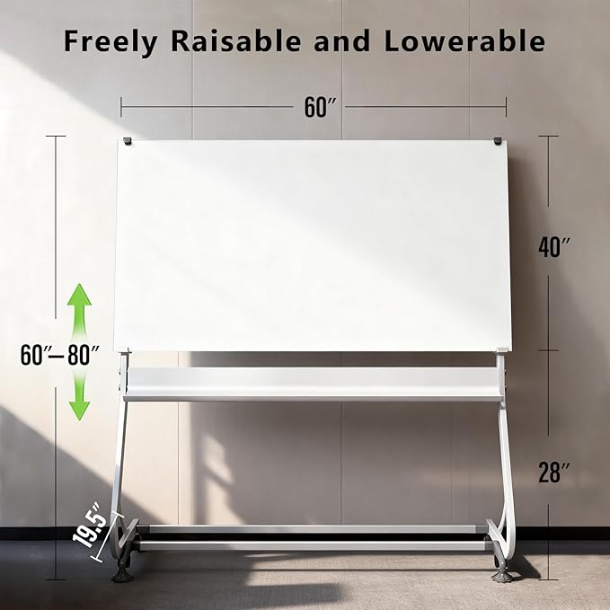 Rolling Magnetic Glass Whiteboard Standing - Large Portable Wheels Dry Erase White Board Stand with Strong Magnets, Ideal for Office, Home and Classroom(40'' X 60'')