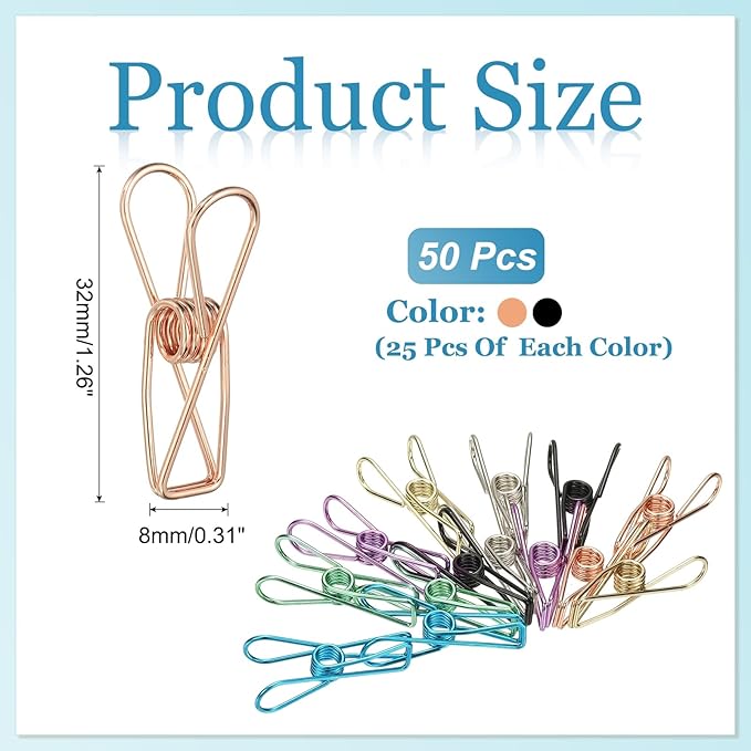 PATIKIL 50Pcs Paper Office Binder Clips, 1.26" Small Metal Wire Hollow Out Paper Clamps Long Tail Binder Clips for Photo Clothes Hanging Office Home Kitchen Food Package, Black/Rose Gold