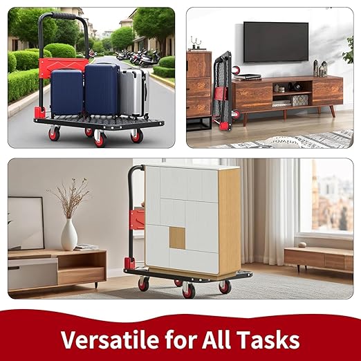 Foldable Platform Push Cart Dolly – 330lbs Heavy Duty Flat Bed Cart with 360° TPR Mute Wheels & Anti-Collision Strips, Easy Maneuver for Household Tasks & Moving, Black Red