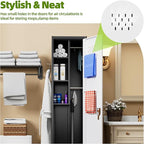 Aobabo 72" H Broom Closet Storage Cabinet, Lockable Metal Cleaning Storage Cabinet with Hooks for Home, Assembly Required Black Gray