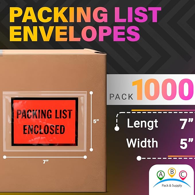 ABC Enclosed Pouches 7 x 5 Inch. 1000 Pack Clear, Red & Black 2 Mil Polyethylene Self Seal Packing List Envelopes