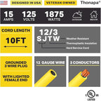 10 Foot Lighted Outdoor Extension Cord - 12/3 SJTW Heavy Duty Yellow Extension Cable with 3 Prong Grounded Plug for Safety - Great for Garden and Major Appliances