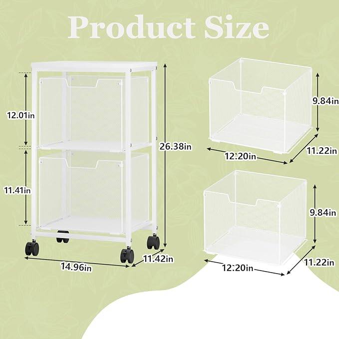 Rolling File Cart with 2 Storage Drawers,Under Desk Storage Cart,Hanging File Folder Organizer with Wheels, Filing Cabinet Mobile Printer Stand Utility Craft Cart for Home Office,White
