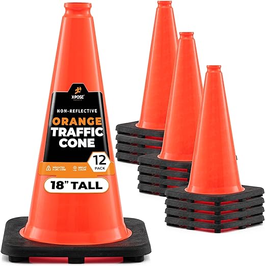 Xpose Safety 18 Inch Orange Traffic Cones, 12-Pack - Multipurpose PVC Plastic Safety Cone For Parking, Soccer, Caution, Kids and Construction - DOT Approved