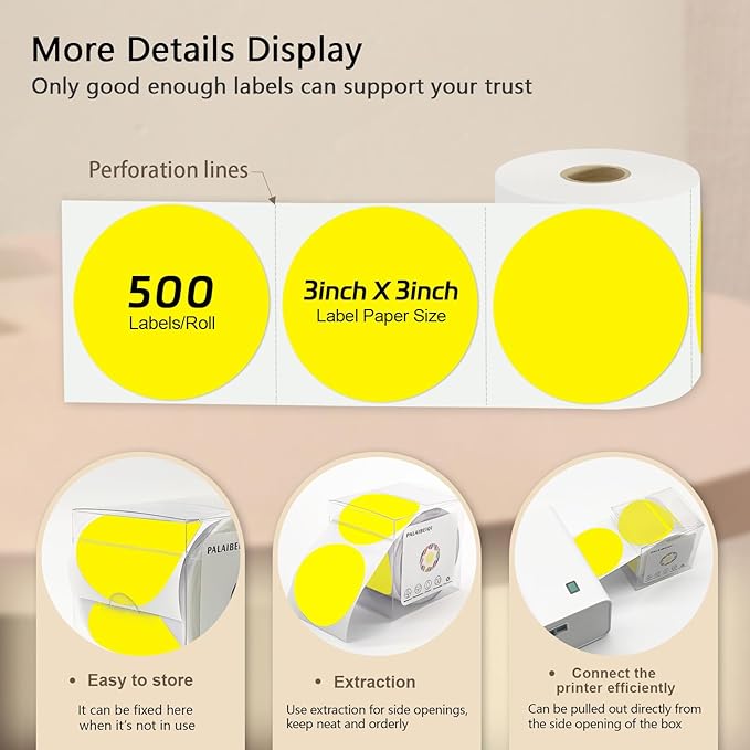 3 X 3 Inch Round Thermal Labels Circle Color Coding Labels Printable Waterproof 500PCS Round Stickers Adhesive Writable for Office, Home, Garage, DIY Sticker, Name Tag, Yellow