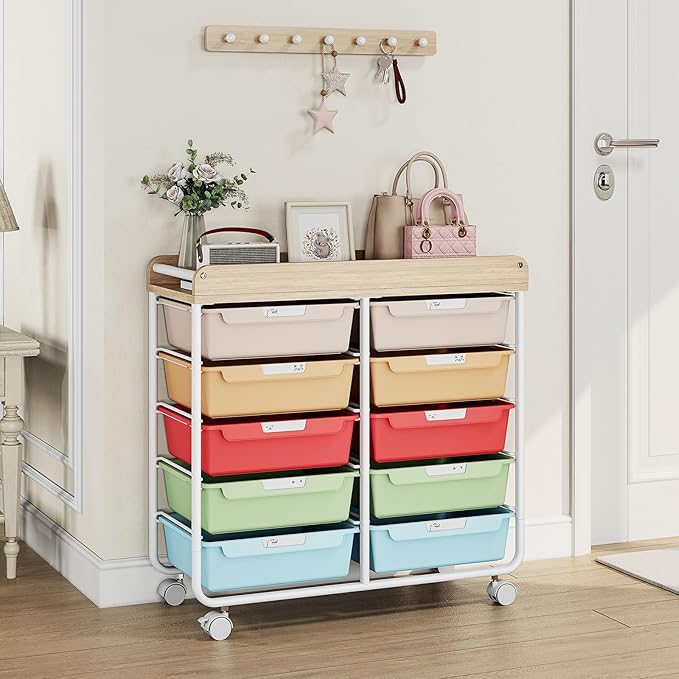 10 Drawers Rolling Cart with Wooden Tabletop, Utility Storage Cart with Wheels, Art Supply Craft Organizer on Wheel with Metal Frame & Handles for Home Office School,Colorful