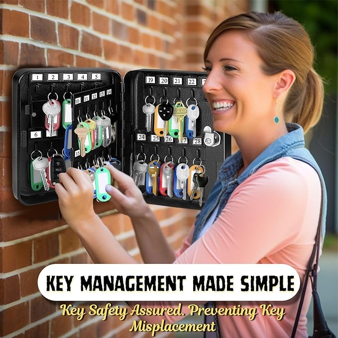 Flexzion Key Cabinet Key Lock Box Wall Mount with 40 Key Holder Organizer Locker Case, Colored Key Tags & Hooks Wall Mounted Lock Box for Keys Storage, Homes, Property, Hotels, Business (Black)
