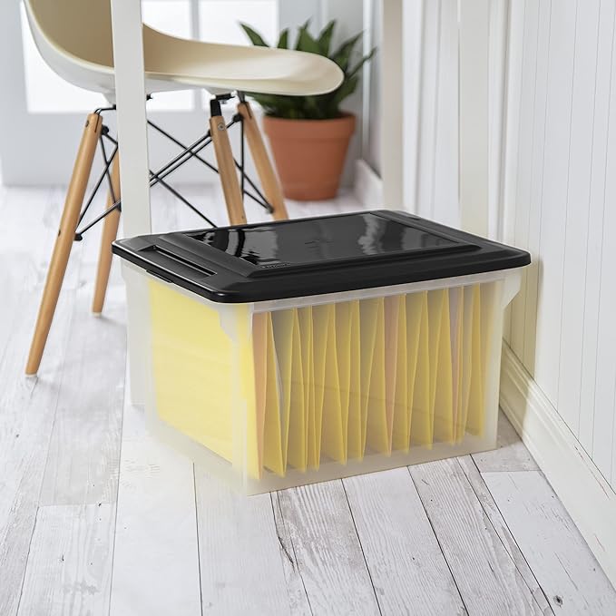 Sterilite File Box, Stackable Storage Bin with Lid, Plastic Container to Organize Taxes, Papers in the Home, Office, Clear Base with Black Lid, 4-Pack