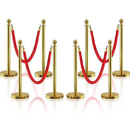 8Pcs Gold Stanchion Post Queue Velvet Ropes and Posts with Soild Base and 4pcs 5 Ft Red Velvet Ropes Carpet Ropes Posts Stanchion Set Crowd Control Barriers for Party Supplies