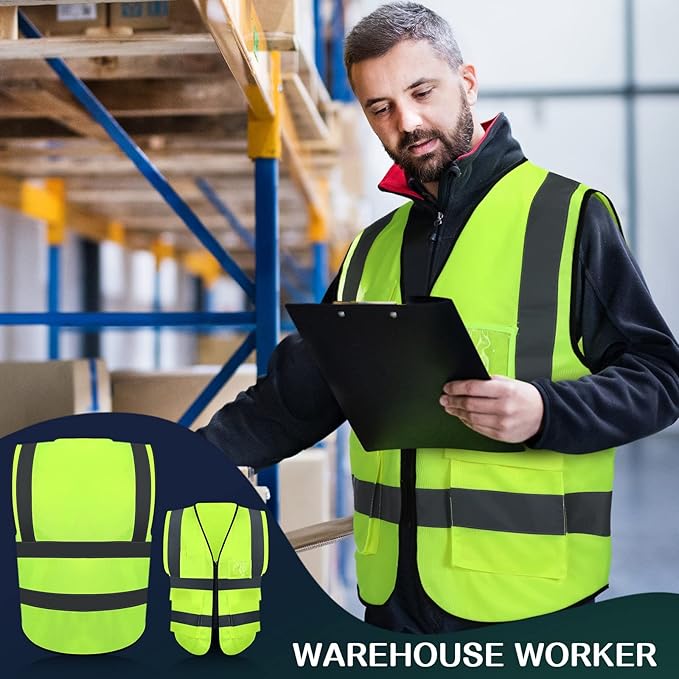 JaGely 15 Pack Reflective Safety Vests with Pockets and Zipper Construction Work High Visibility Vest for Men Women(Medium,Fluorescent Green)