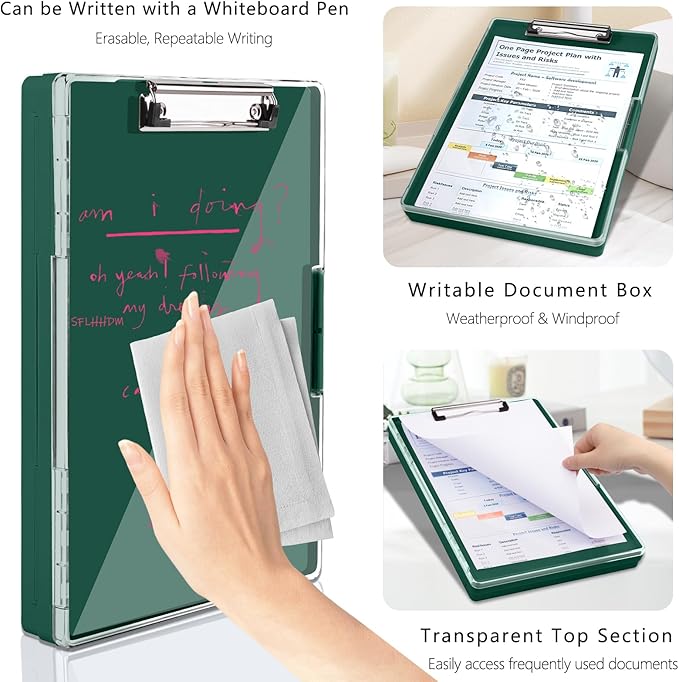Clipboard with Storage,Heavy Duty Clip Boards 8.5x11 with 2 Storage Case,Clear Visible Top Panel Storage Clipboards,Side Opening Clip Boards,Nursing Clipboard Folder Case for Office Supplies-Emerald