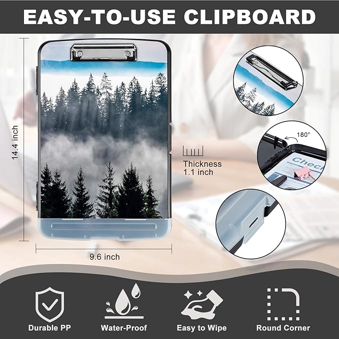 Clipboard with Storage,Heavy Duty Plastic Storage Clipboard with Low Profile Clip,Teacher Must Haves,Office Supplies,Nature Mountain Forest