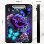 Plastic Storage Clipboard with Low Profile Clip, Heavy Duty Foldable, Coaches Clipboard Case for Work, Teacher, Office, School Supplies, Blue Pink Roses Butterfly
