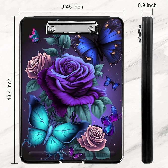 Plastic Storage Clipboard with Low Profile Clip, Heavy Duty Foldable, Coaches Clipboard Case for Work, Teacher, Office, School Supplies, Blue Pink Roses Butterfly