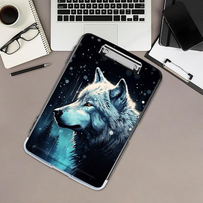 Clipboard with Storage,Office Supplies Nursing Clipboards Folder with Pen Holder Plastic Storage ClipBoard Foldable for Teacher Nurse,Misty Forest Wolf