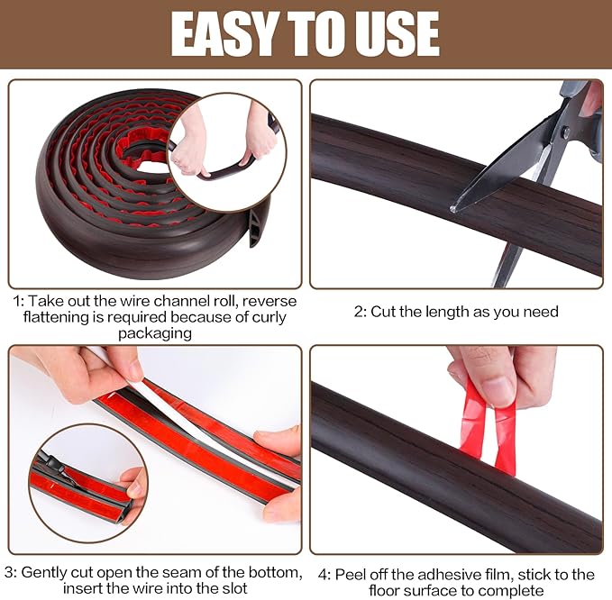 Floor Cord Cover Cavity 0.8"x0.37" Self Adhesive Cord Hider, 3.3FT Low Profile Cable Management, Extension Strip Protector for Wires, Prevent Cable Trips for Offices, Gyms, Exhibitions (Black Wood)