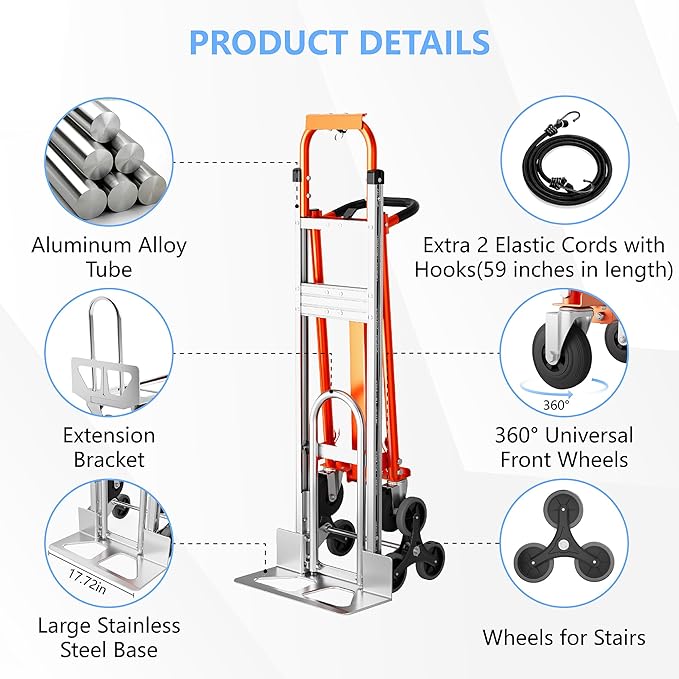 4 in 1 Industrial Convertible Stair Climbing Cart 1000 LBS Capacity, Heavy Duty Aluminum Hand Truck Dolly Cart with Solid Wheel, Folding Stair Climbing Cart Trolley for Transport Logistics Moving