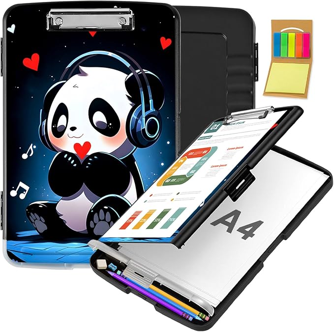 Clipboard with Storage,Office Supplies Nursing Clipboards Folder with Pen Holder Plastic Storage ClipBoard Foldable for Teacher Nurse,Cute Music Panda