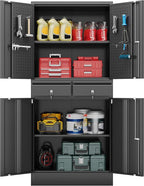 71" H Metal Garage Storage Cabinet with Pedboard and Adjustable Shelves,Metal Tool Storage Cabinet with 2 Drawers for Garage, Warehouse,Utility Room,Assembly Required,Black