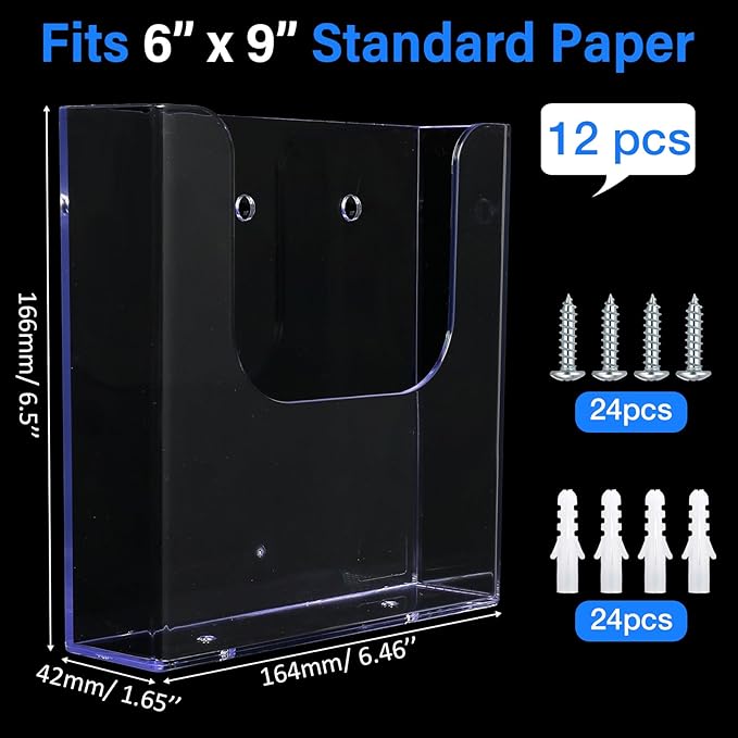 Ripeng 12 Pack Brochure Holder Wall Mount 6 x 9 Inch Clear Flyer Holder Magazine Pamphlet Display Stand Acrylic Wall Organizer Plastic Wall File Holder for Literature Mail Paper Document Rack Display
